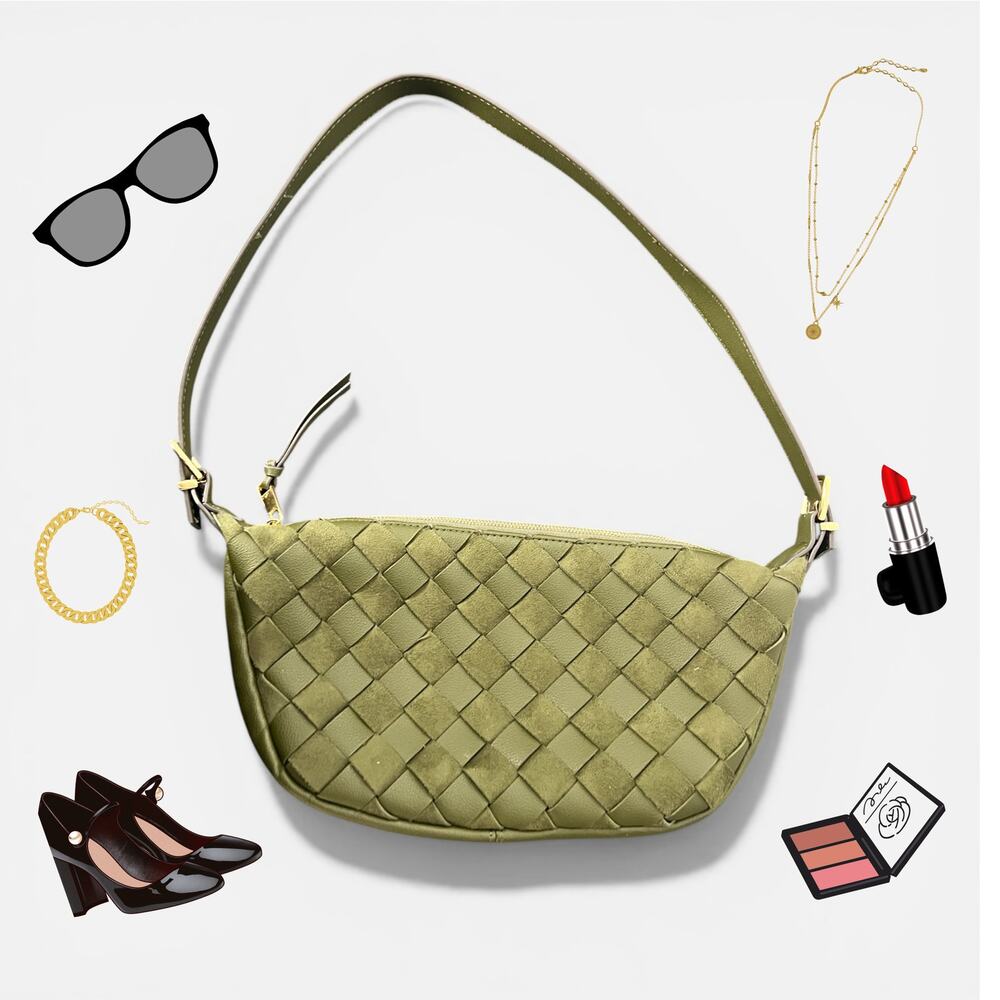 Y2K Woven Olive Green Baguette Shoulder Bag Suede Leather Intrecciato